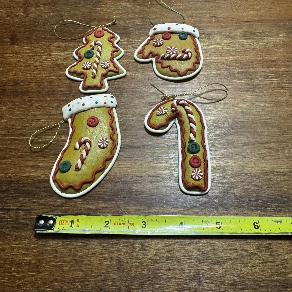 Set Of 4 Christmas Ornaments Handmade Soft Clay - Stocking, Candy Cane,‎ Tree